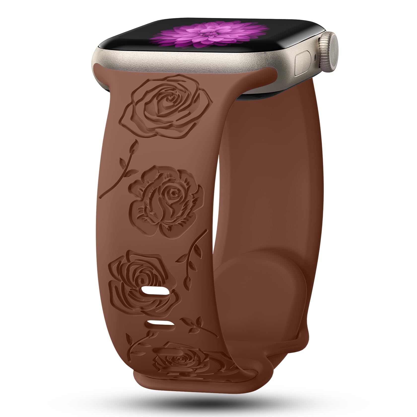 Flower Engraved Bands Compatible with Apple Watch Band 41mm 40mm 38mm 49mm 46mm 49mm 46mm 45mm 44mm 42mm Women, Rose Silicone Sport Strap for iWatch Series SE 10 9 8 7 6 5 4 3 2 1 Ultra