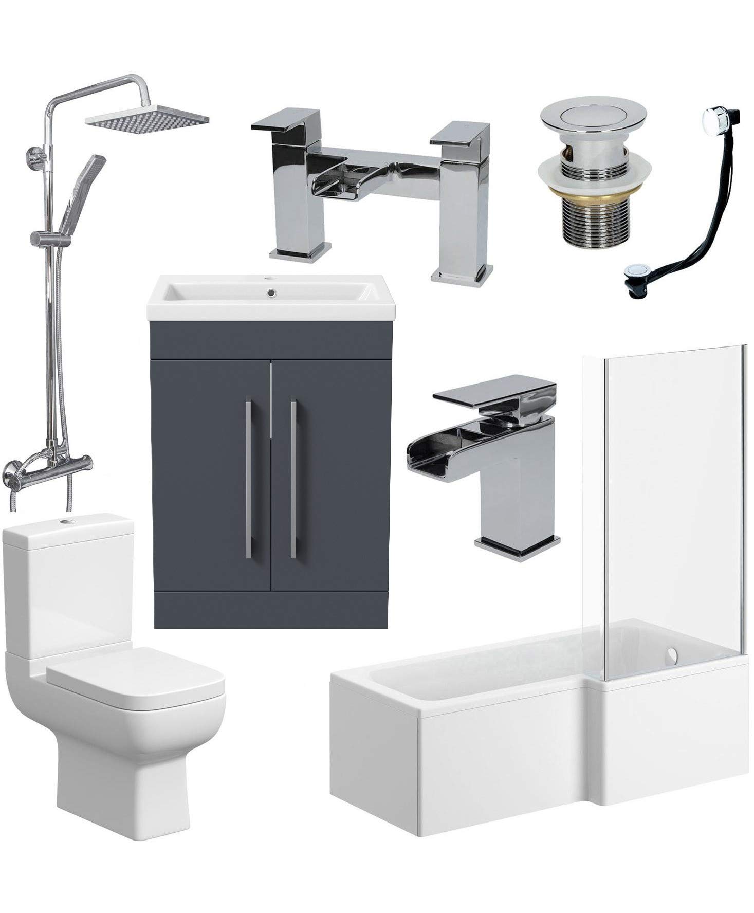 Buy Plumbworld Complete Bathroom Suite with L Shaped Bath and Grey Vanity Unit Right Hand