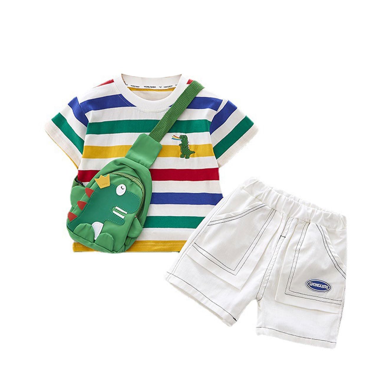 Ensemble pour Nouveau-né Garçon Haut à Rayures + Short + Sac à dos Dinosaure, T-shirt à Manches Courtes Dinosaure et Pantalon à Taille élastique pour les 1 à 7 Ans, Vert