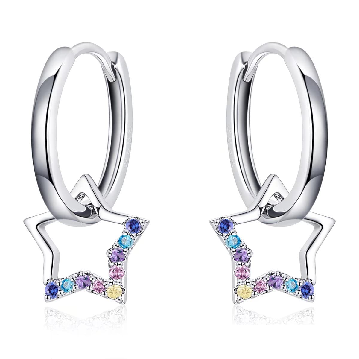 Qings Estrella Dangle Pendientes, Plata de Ley 925 Mujer Pendientes con Brillante Circonita Regalo de Cumpleaños para Mujeres Niñas