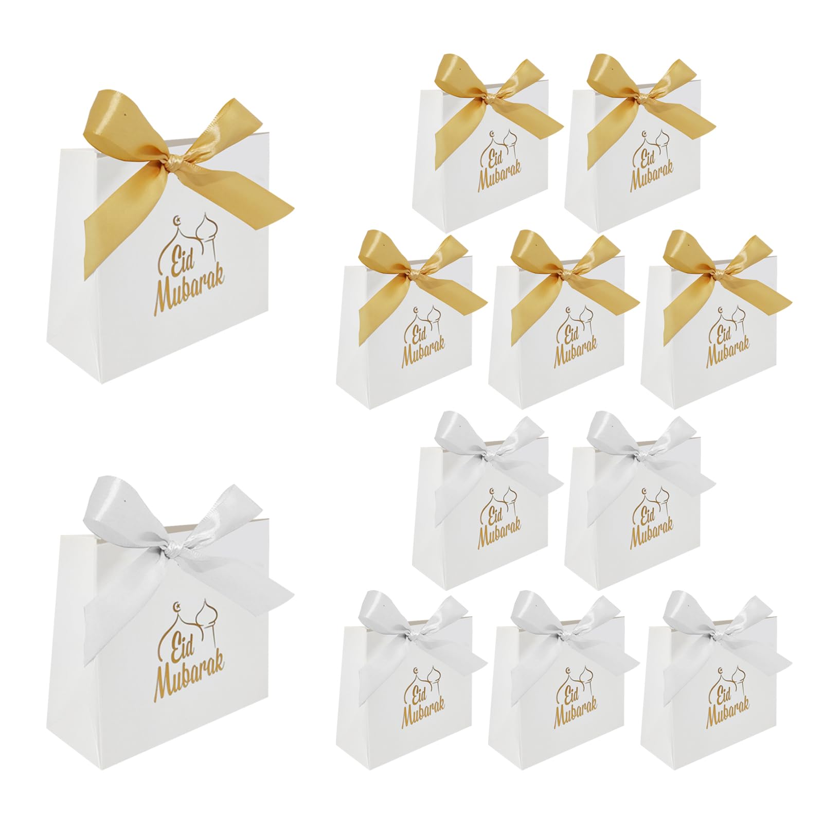 YQWIN Eid Mubarak Party Decorations 50Pcs Eid Mubarak Candy Box Eid Mubarak Gift Boxes Mubarak Ramadan Gift Paper Boxes with Ribbon Muslim Ramadan Candies Boxes Goodies Boxes Treat Boxes for Eid Mubarak Decorations Ramadan Party Favor Boxes