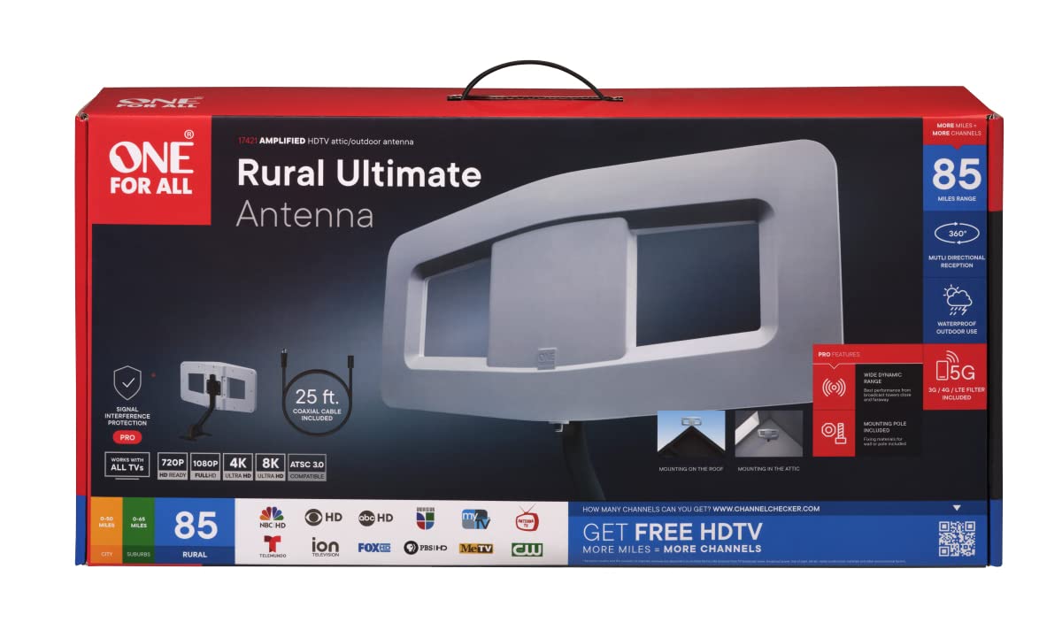 One For All Amplificata Attico/Esterna HDTV Antenna per 1080P 4K Canali TV Gratuiti, 85 miglia Lunga Reception Range, Materiali di fissaggio inclusi, Modello Bianco 17421