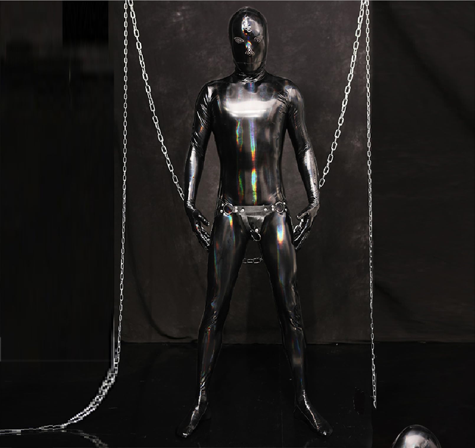Genérico Negro,4XL, Hombres Sexy Espejo Amoniaco De Látex Todo Incluido Traje De Gato Cremallera Alta Elasticidad Ajustado Mono Club Nocturno DS Juego De Roles Escenario Ropa