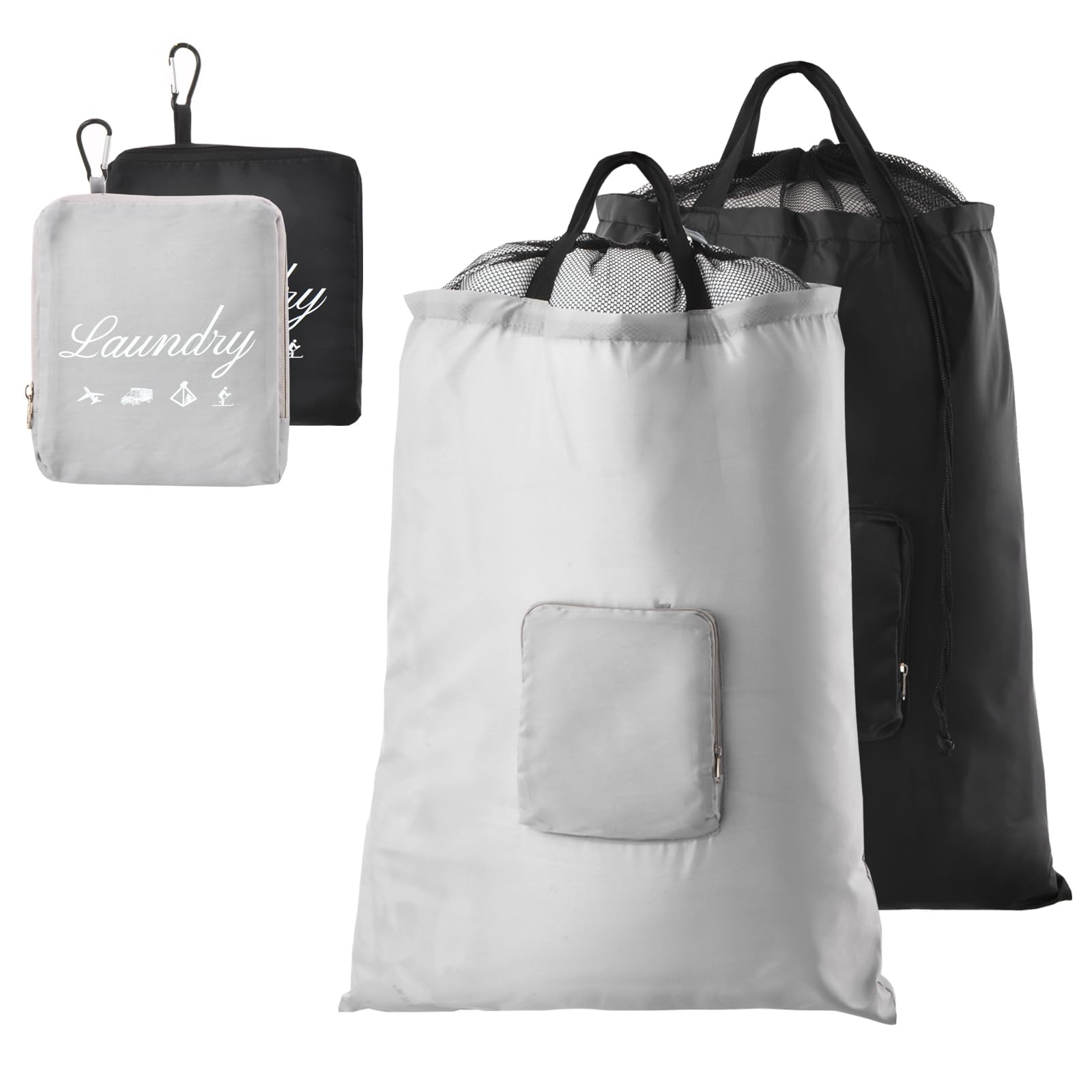 JHX – 2 Sacchetti Da Viaggio Per Biancheria Sporta, Con Moschettone E Manici, Pieghevoli, 61x53 Cm, Nero
