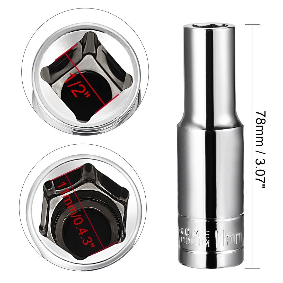 TA-VIGOR 1/2 Inch Drive 11mm 6-Point Deep Socket, Metric, Cr-V Drive Socket (Polishing) for Auto Repairing and Household - Image 2