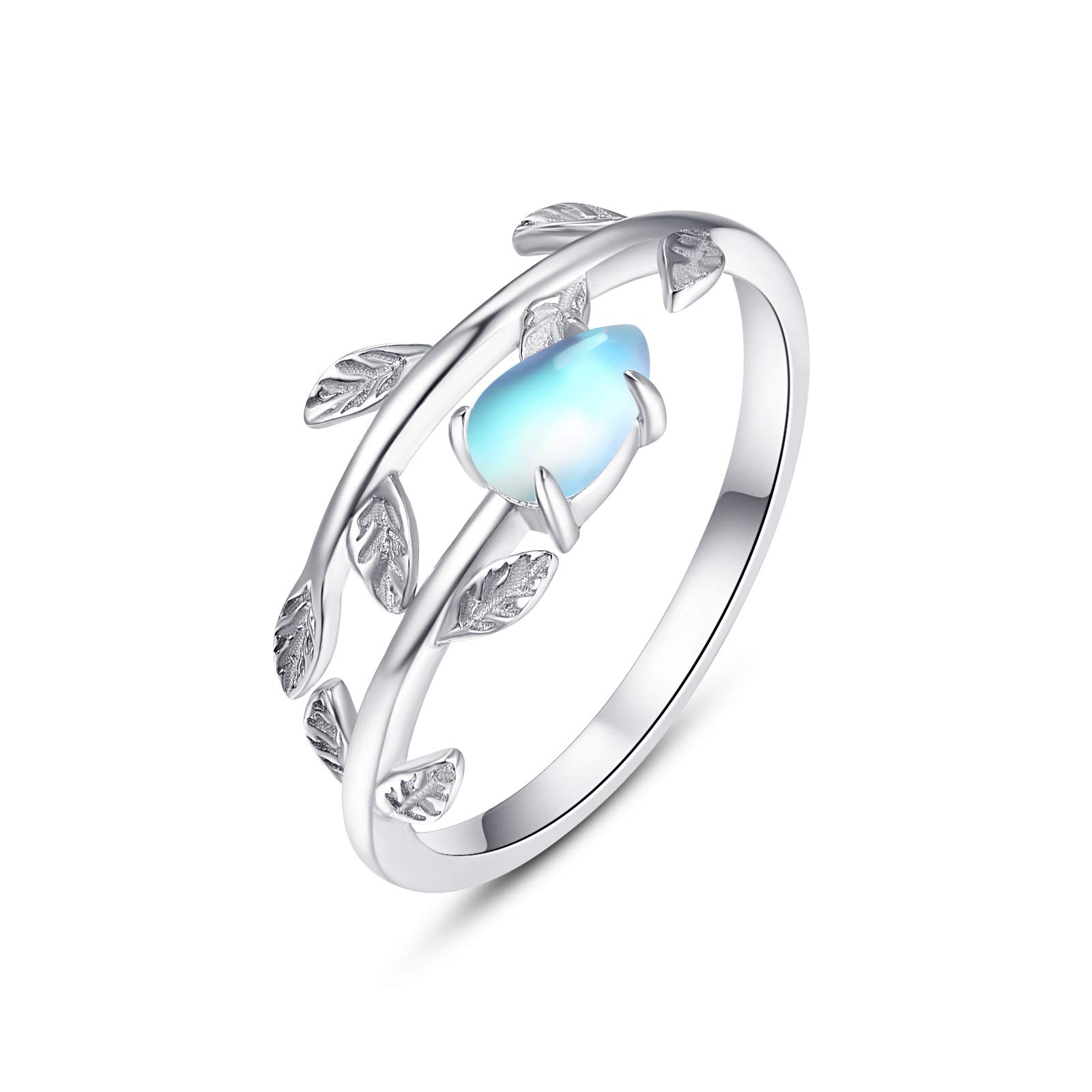 925 Sterling Silver Leaf Ring White Opal Moonstone Rings Adjustable Open Ring for Women with Jewelry Box Size 7-9