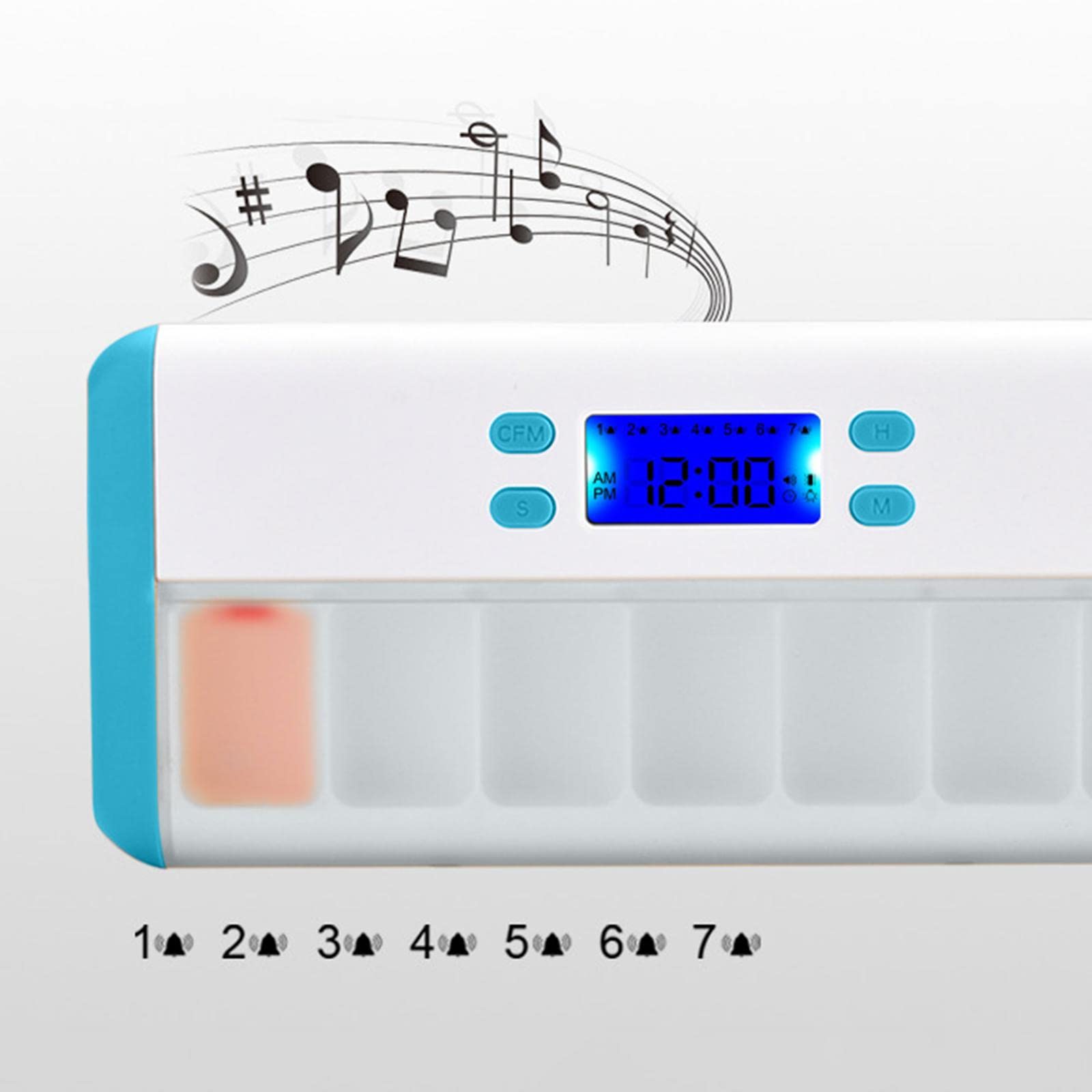 Qianly Pills Reminder Case Portapillole Settimanale con Allarme Intelligente Timer Box Farmaci 7 Scomparti Vibrazione E Luce Lampeggiante Funzione Push, Bianco blu