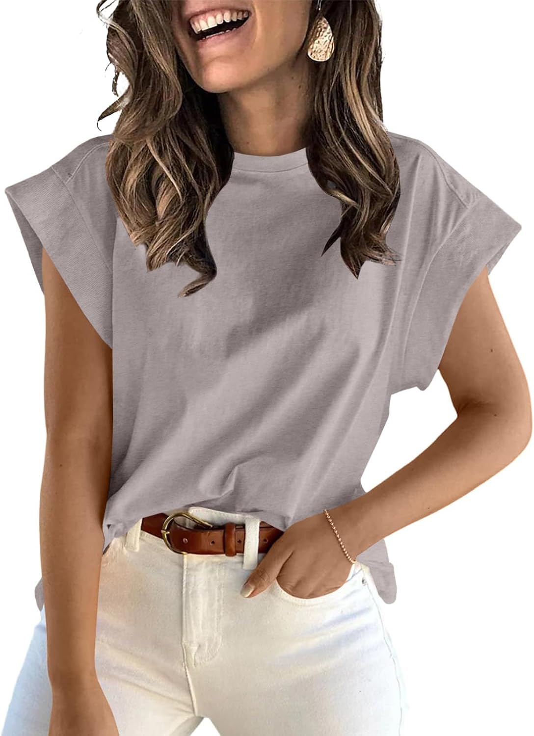ZDC Women's Cap Sleeve Tank Tops Summer Crew Neck T Shirts Basic Loose Fit Solid Tee