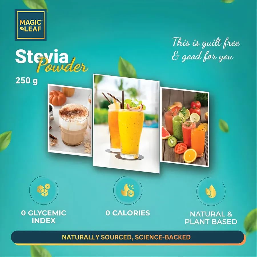 Magic Leaf Sugar Free Stevia Powder, 250 gms, Natural Origin Sweetener, Zero Calorie for Health Management, 99.9% REB-A Purity, Diabetic Friendly Sugar Substitute 3