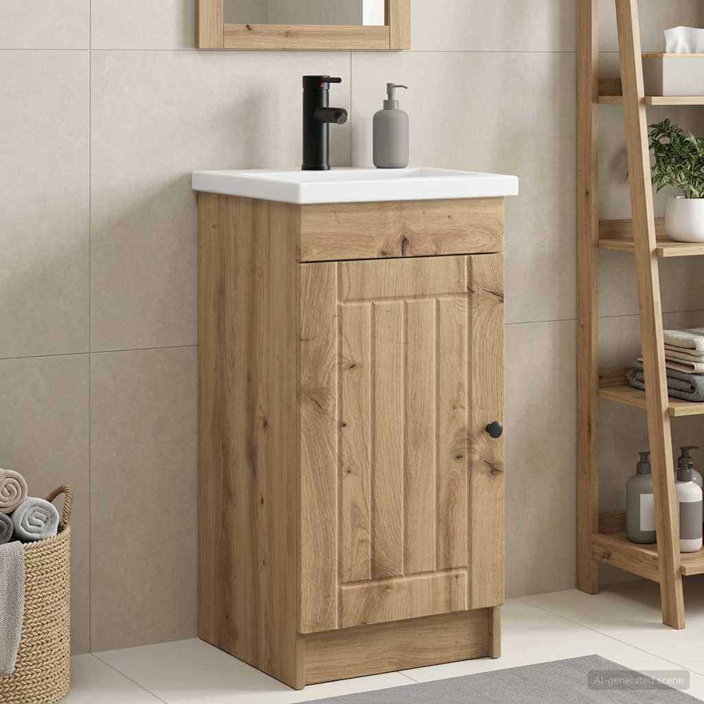 Mobile da bagno con lavandino in rovere Artisan, mobile da bagno con maniglie in metallo, 42 x 40 x 84,5 cm, spazio per riporre oggetti con ripiano e anta