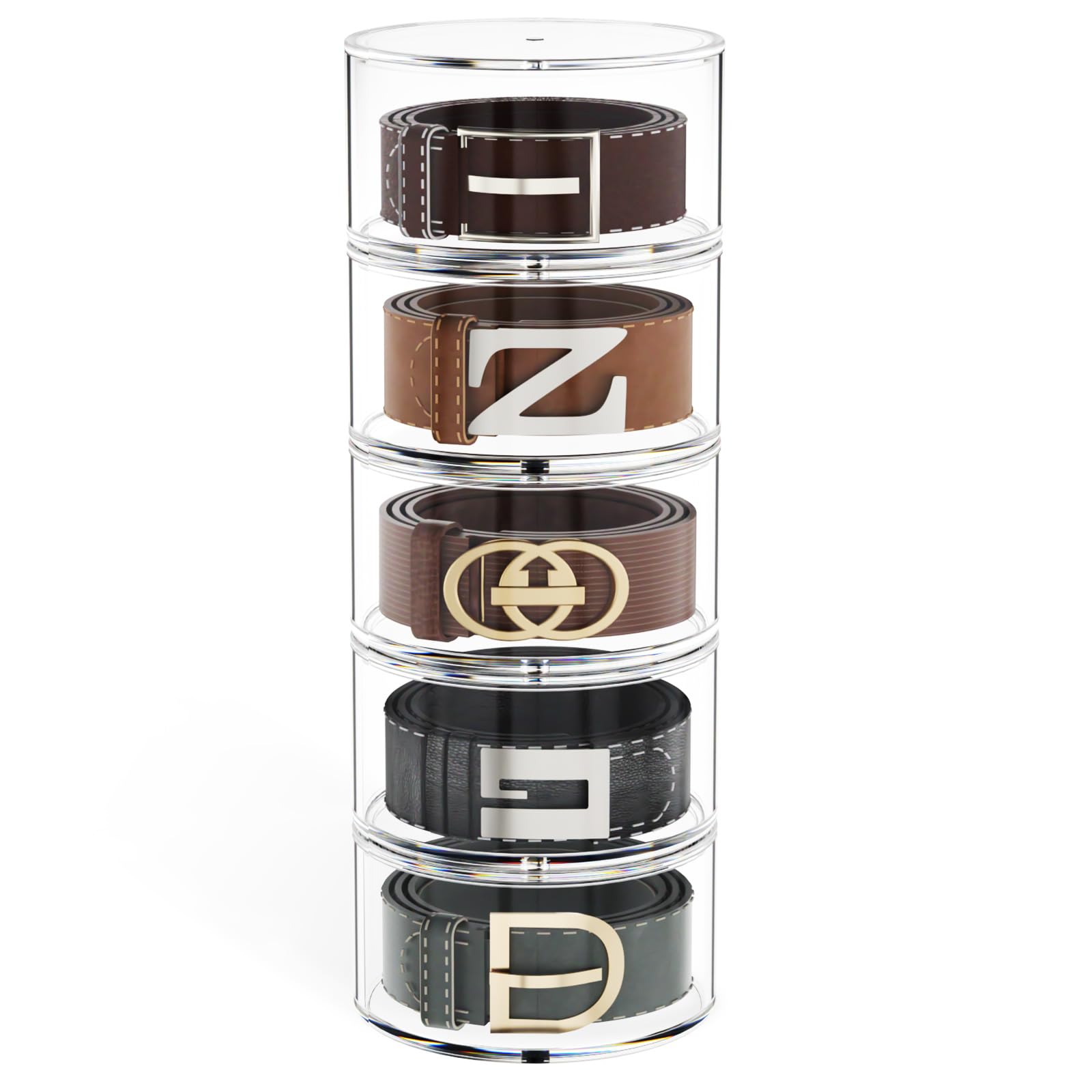 Photo 1 of FEMELI Belt Organizer, Acrylic Belt Storage Holder for Closet & Drawer, 5-Layer Stackable Display Case for Belts, Watches, Jewelry and Ties