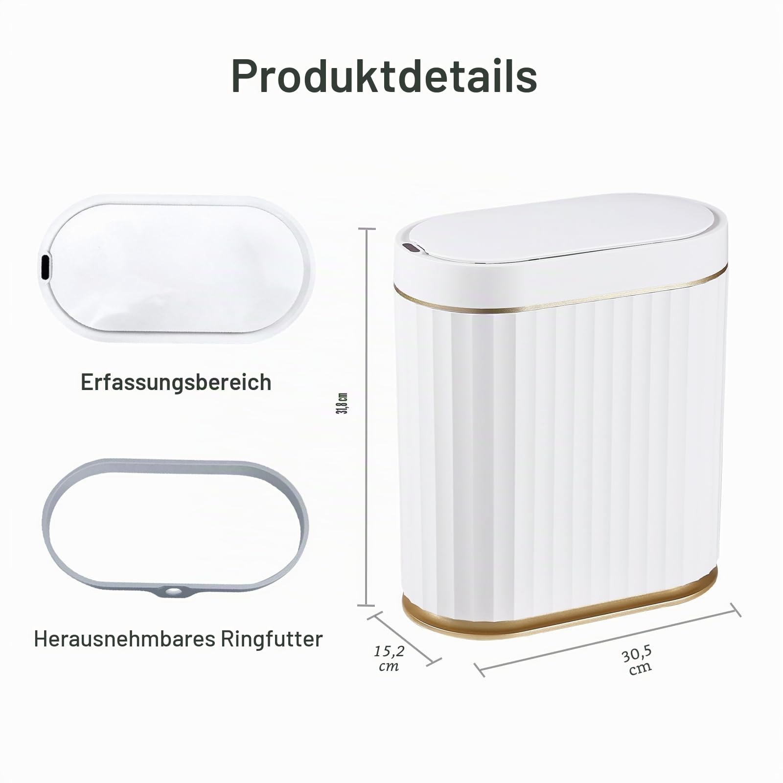 ELPHECO Badezimmer Mülleimer mit Deckel 9L Sensor Mülleimer, schmaler Kunststoff-Mülleimer, wasserdichter automatischer Mülleimer für Schlafzimmer, Bad, Küche, Büro