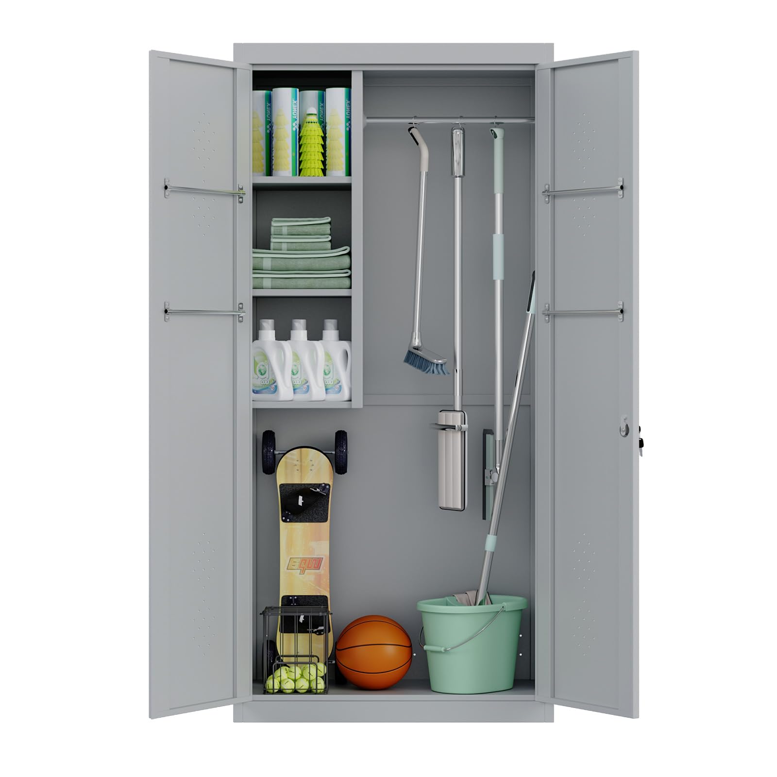 Nordswal 71" Tall Broom Cupboard, 2 Door Lockable Metal Storage Cabinet, Utility Cupboard for Brooms and Mops, Cleaning Cupboard for Garage, Laundry Room, Bathroom & Home Office, 180 x 85 x 39 cm