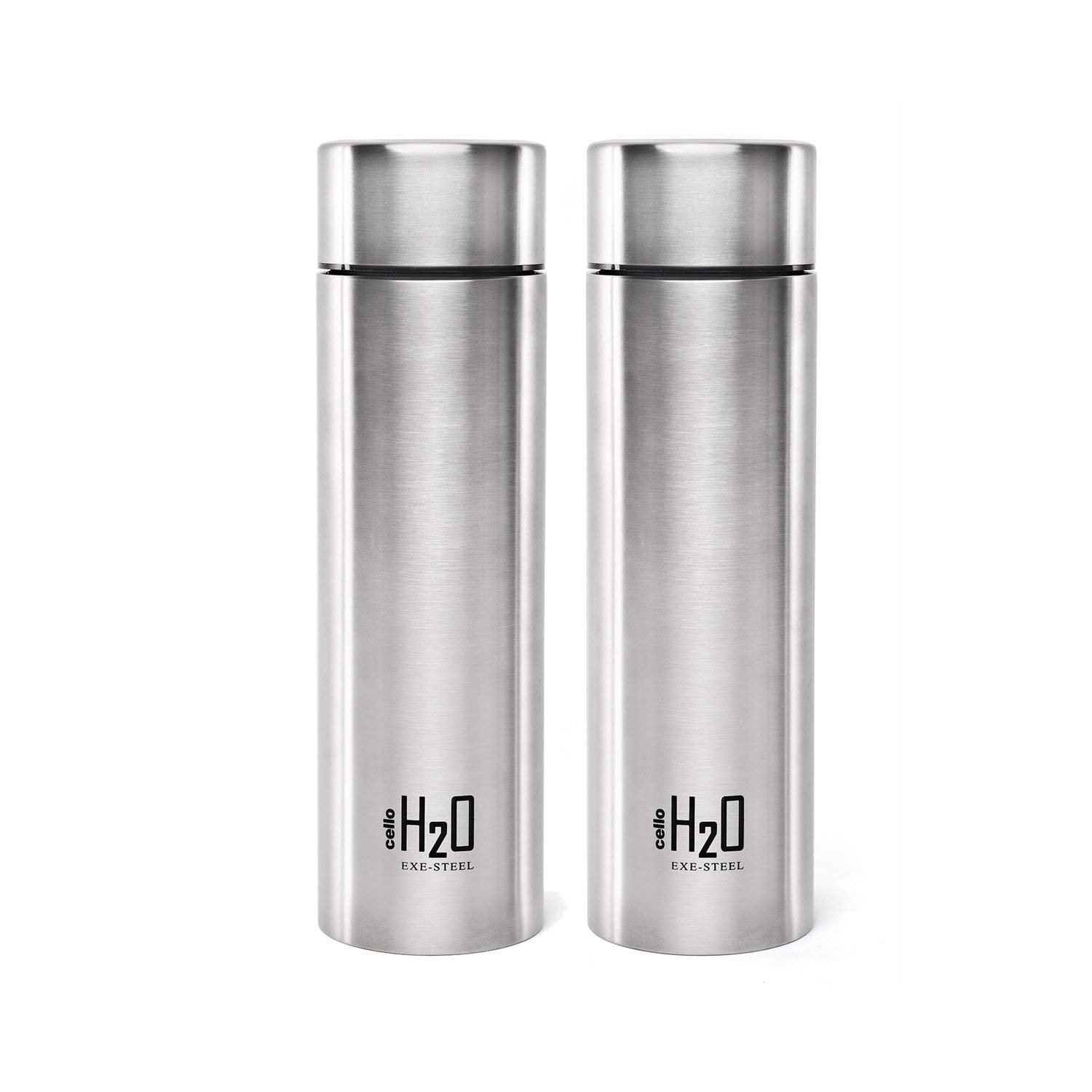 CELLO H2O Stainless Steel Water Bottle For Office & Daily Use Set of 2 Pcs, 1000 ml Silver | Single Wall Freezer & Fridge Safe, Lightweight Leakproof Rustproof Steel Water Bottle For School Gym Travel