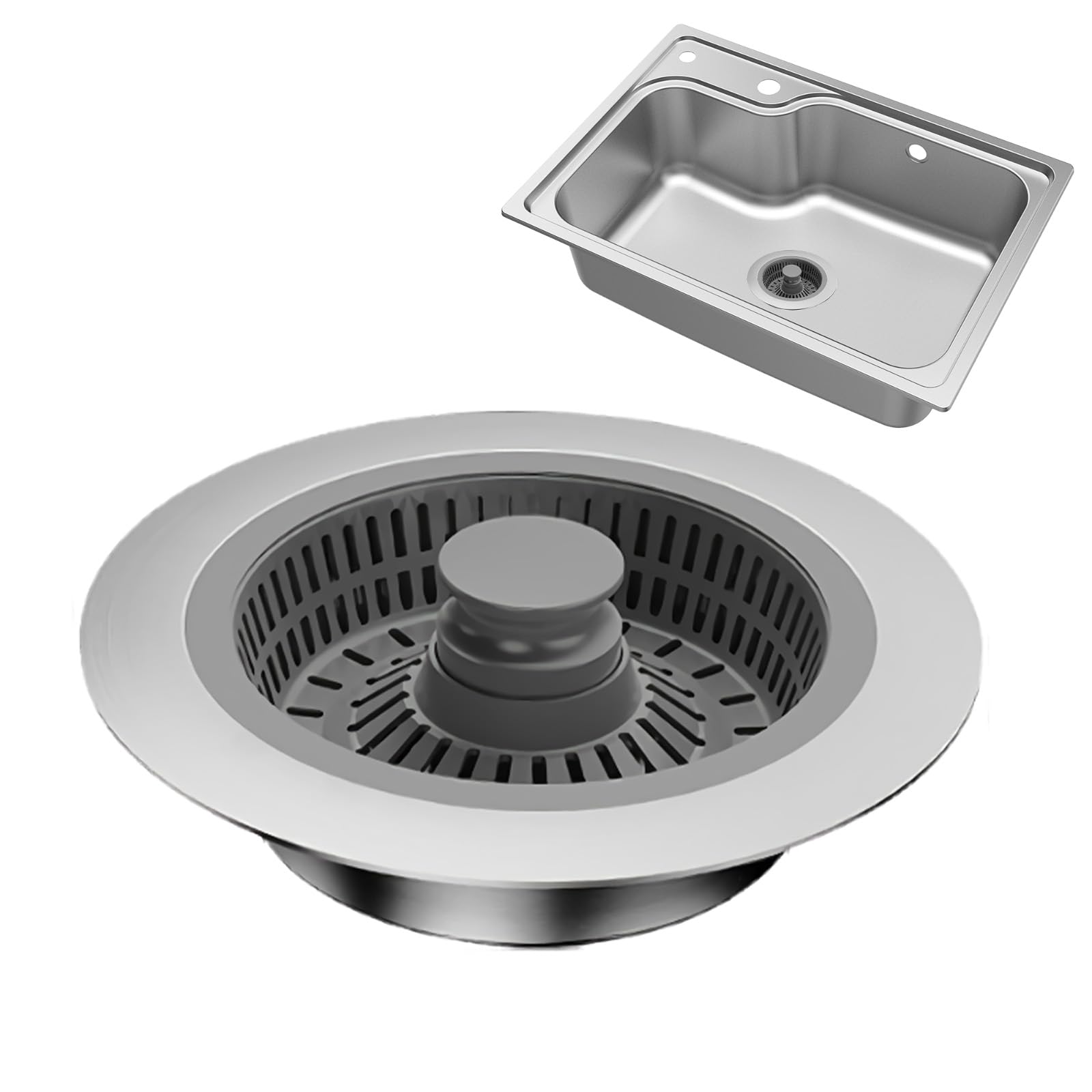 Upgraded 3-in-1 Stainless Steel Kitchen Sink Drain Strainer and Stopper,Sink Plugs for Kitchen Sink stoppers and Drain Stop,Includes Collection Basket; fits US Standard 2.8-3.35 inch Drain Outlet (C)