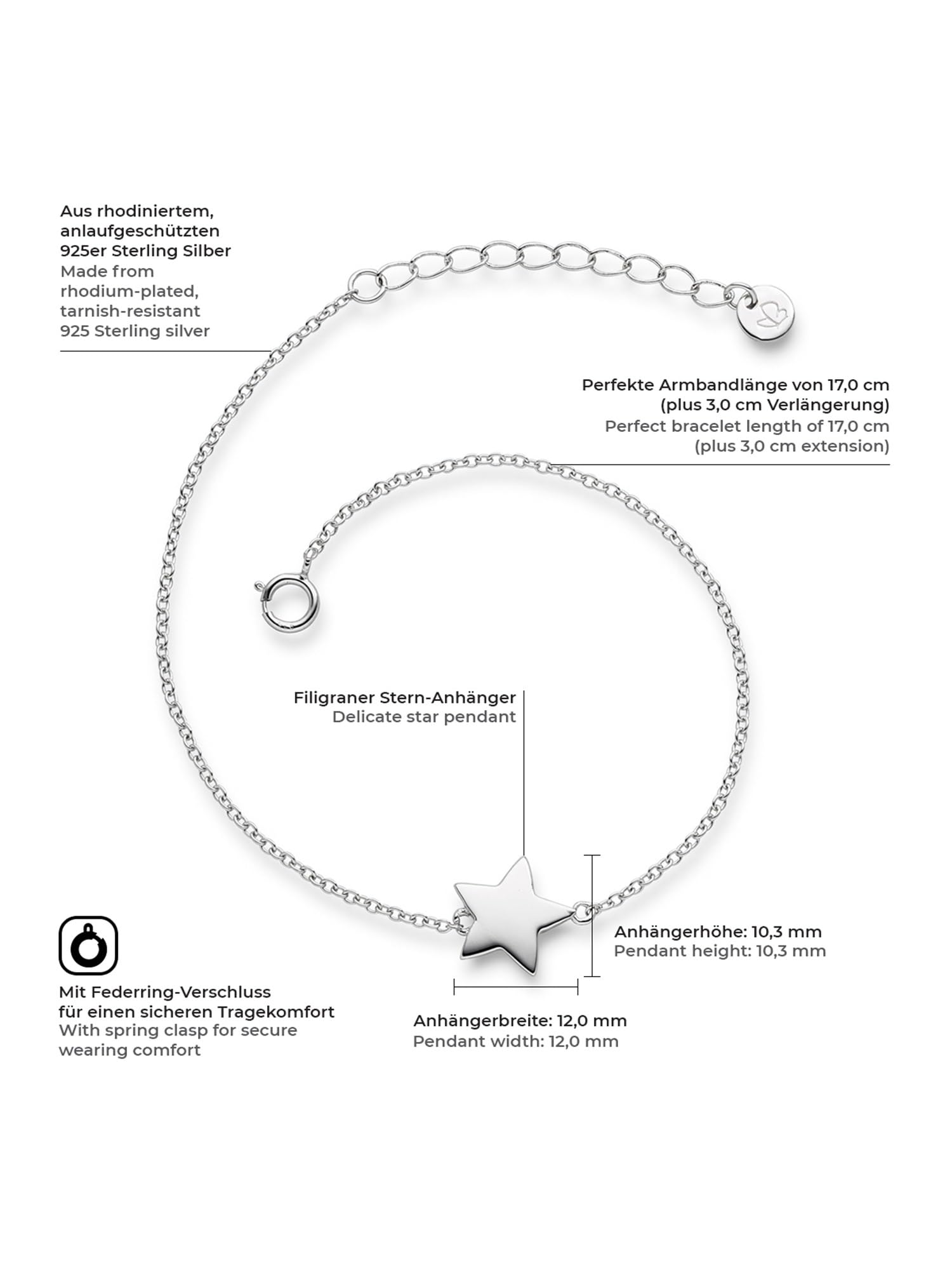 GLANZSTÜCKE MÜNCHEN Damen Armband Stern aus 925/- Sterling Silber 17 + 3 cm | Silberkettchen,Silberarmband,mit Anhänger,Armkettchen,Motivarmband,Ankerarmband