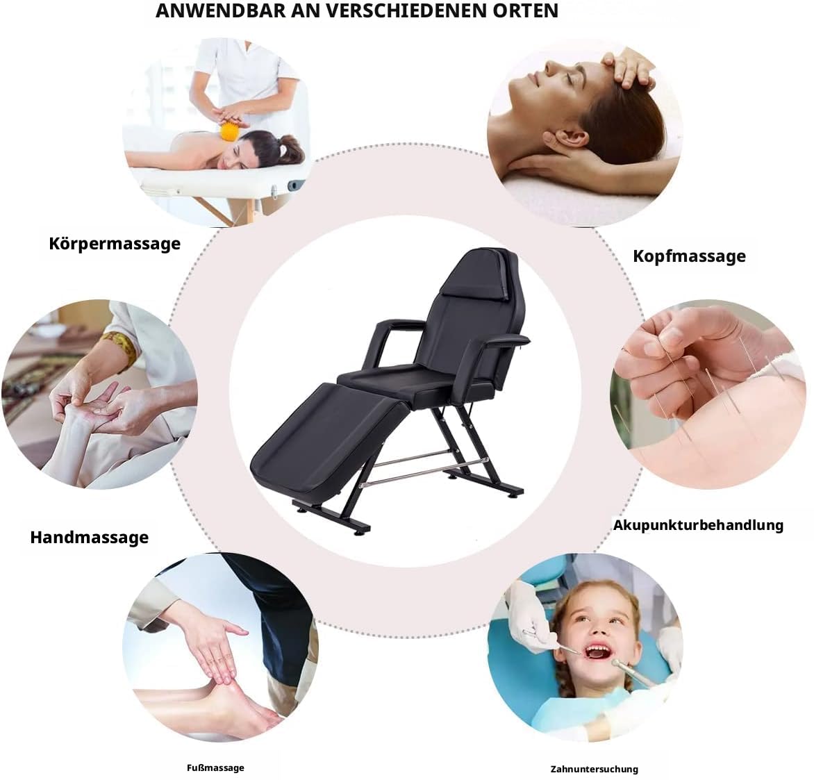 Schwarz Klappbar Massagelieg Tattooliege Kosmetikstuhl höhenverstellbare Massageliege Zubehör Removable Armrests Headrest Hocker & Bettwäsche (Schwarz)