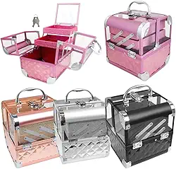 Maleta De Maquiagem Profissional Dobravel Com Bandeja Espelho Chave (Rosa)