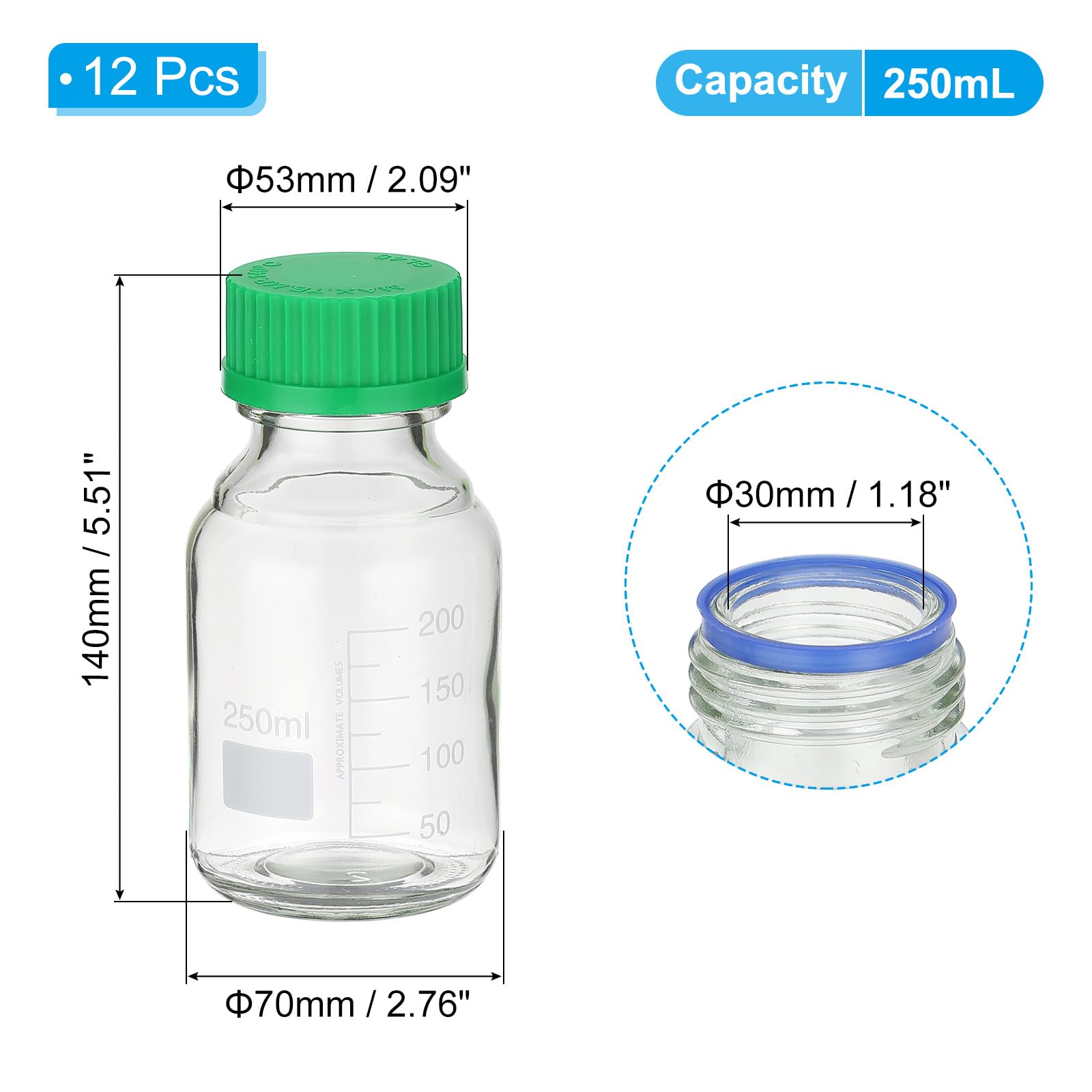 PATIKIL 12er Pack Reagenzglas Aufbewahrungsflaschen 250ml Borosilikatglas Graduierte Runde Flaschen Mit GL32 Grüner Schraubverschluss Für Labor Wasser Reagenzien Flüssigkeiten Klar