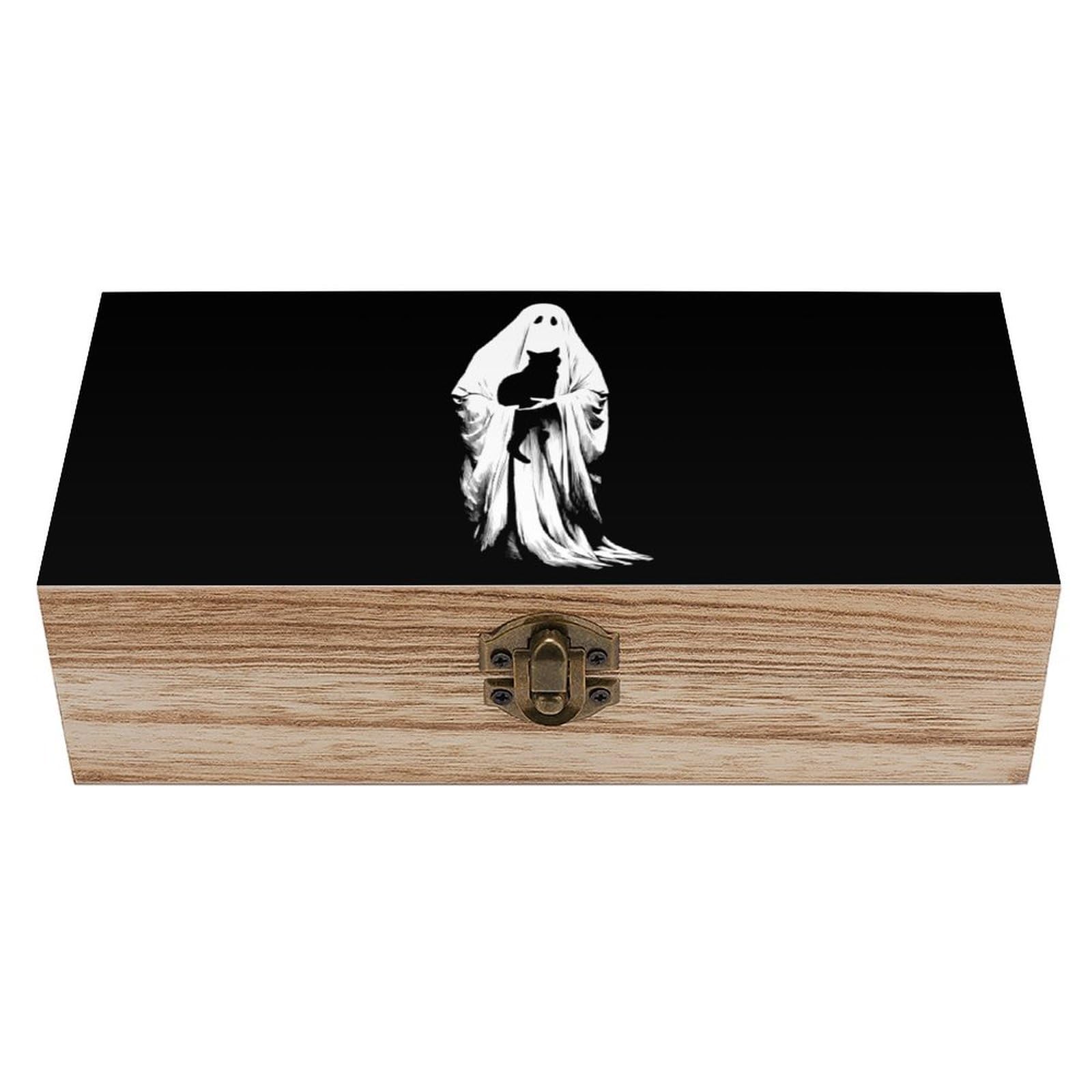 HLBSDM Black Cat Ghost Wooden Box with Hinged Lid Decorative Storage Case Container