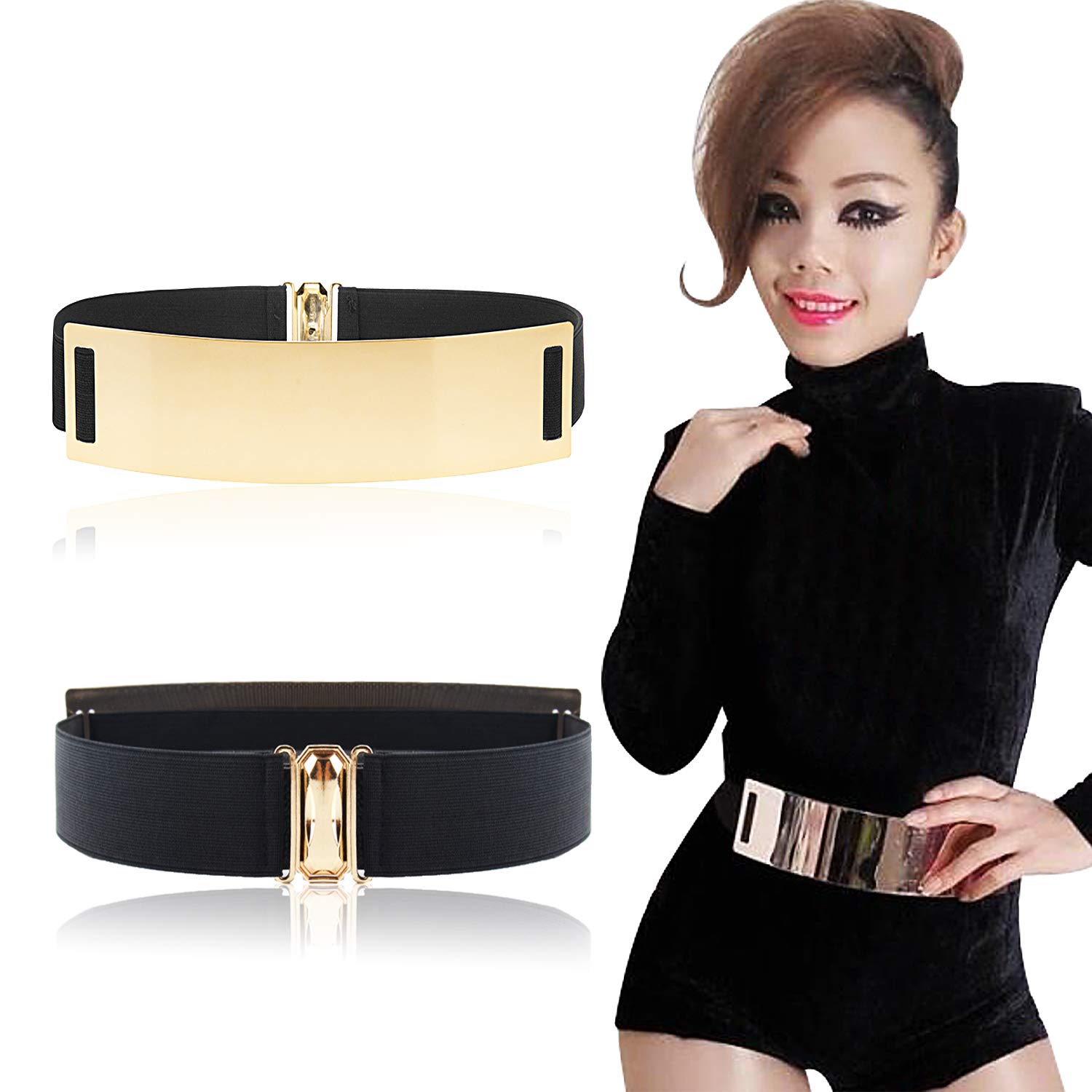 Women Mirror Gold Tone Plate Metal Waist Elastic Belt Obi Band,Golden