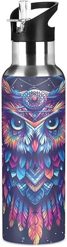 Miniatura 1 de Insulated Stainless Steel Water Bottle with Straw 32 Oz, BPA-Free Sport Water Bottle Insulated for Gym Outdoor Travel School, Boho Owl Dreamcatcher