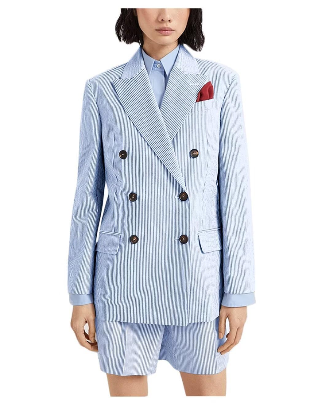 Womens Two Piece Sets Blazer Shorts Dressy Business Seersucker Stripes Double Breasted Professional Suits