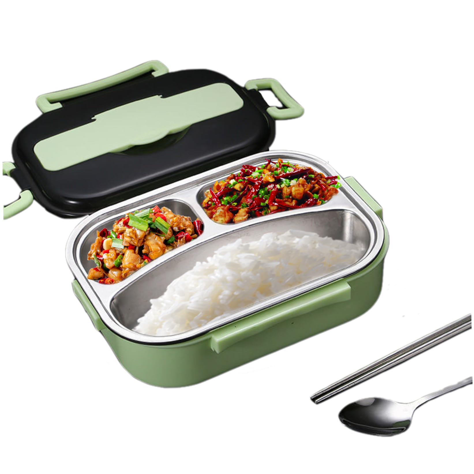 Thermal Lunch Box, 1L 3 Compartments Stainless Steel Lunch Box, Leakproof Insulated Food Container with Cutlery & Cutlery Holder Portable for Kids Adults for Kitchen