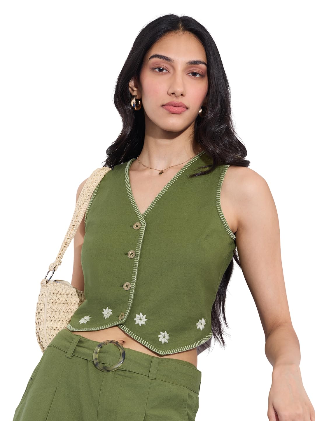 Foliage Women and Girls Sleeveless V-Neck Button Front Green Floral Embroidered Cotton Linen Regular Fit Lightweight Casual Summer Vest