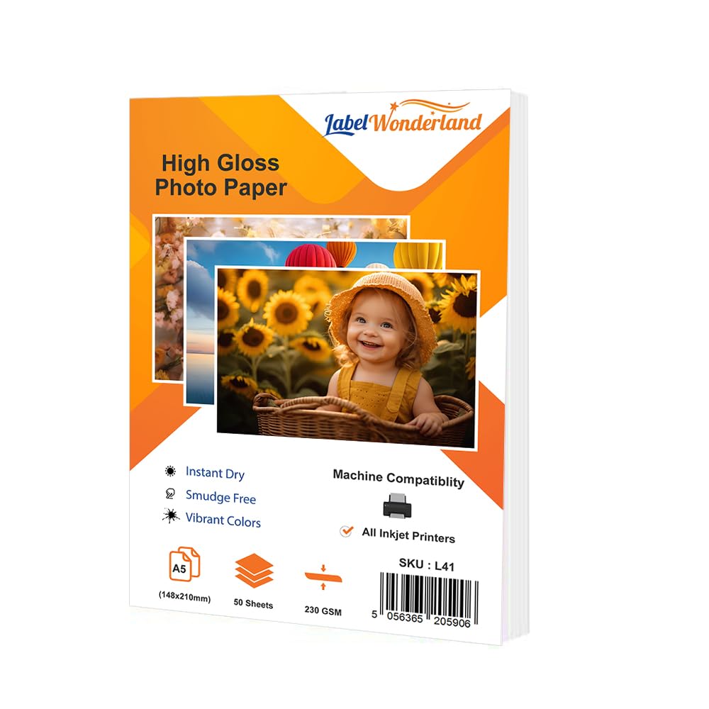 Labelwonderland Pack of 50 Sheets Inkjet A5 Photo Paper Gloss Photo Paper A5 Glossy Paper 230 GSM Photo Paper A5