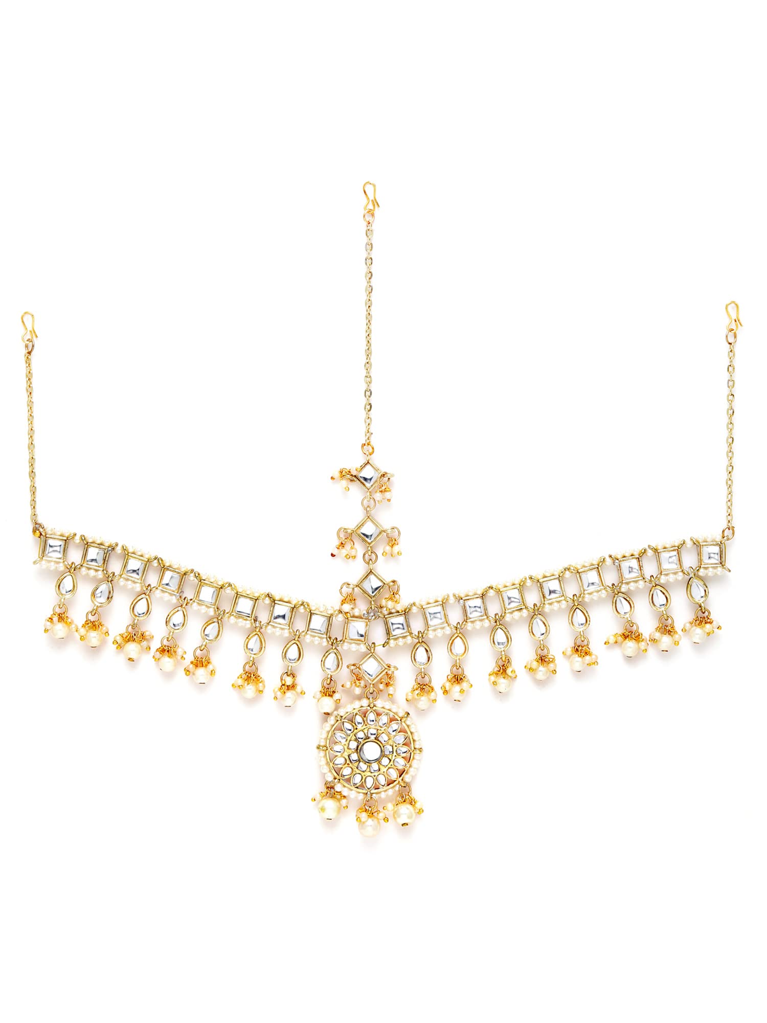 karatcart Gold Plated Floral Shape Pearl Studded Handcrafted Kundan Mathapatti for Women-picture-31