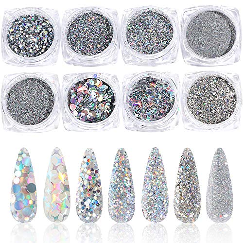 Silver Holographic Nail Art Glitter Sequins Kits, 8 Boxes Metallic Shining Flakes Nail Art Decoration Decals Iridescent Sparkly Mermaid Nail Powder for Nail Eye Body Face Art Accessories