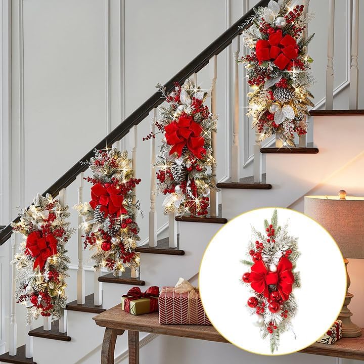 Guirnalda de Navidad iluminada para escaleras, adornos de festón de escalera preiluminados inalámbricos, colgantes de lágrima de Navidad,