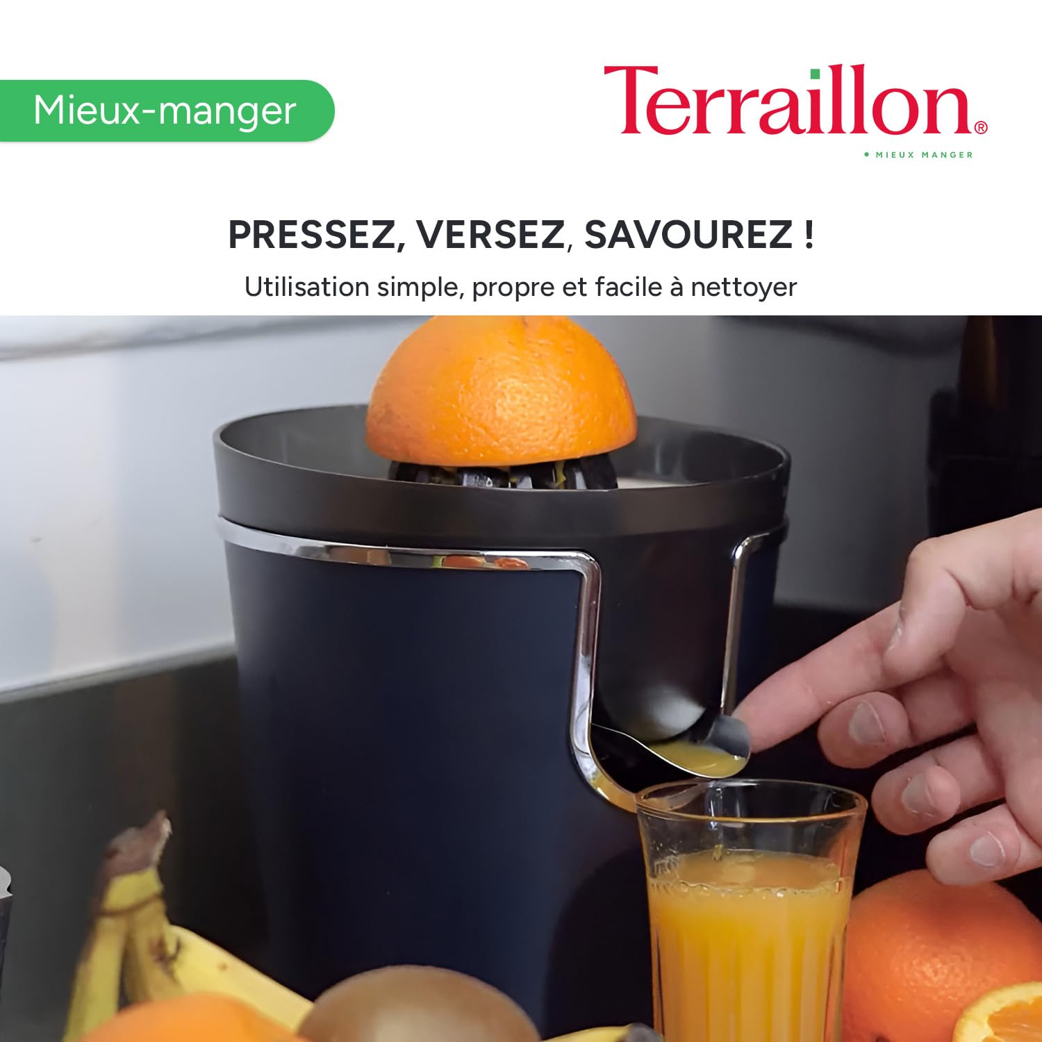TERRAILLON - NEW MOON - Presse agrumes électronique - 160 W, Vitesses variables, Filtre et bec verseur en Inox, Réservoir 300 ml, 2 Cônes pour différents agrumes, Corps Inox peint, Bleu