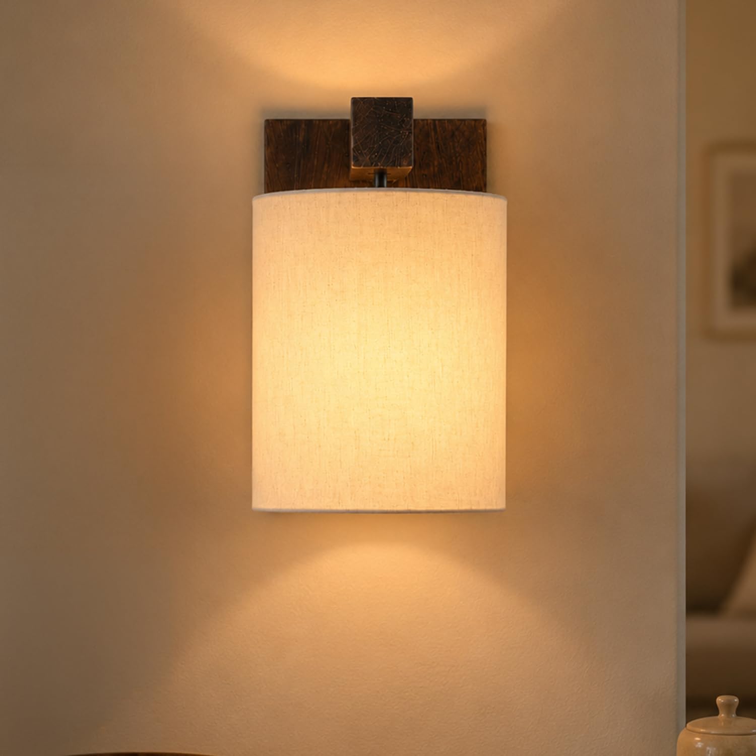 Amazon Basics Deewar Sunset Wall Lamp | Wooden Bracket with Cream Fabric Shade | E14 Holder | Decorative Wall Light for Bedroom, Living Room, Hallway & Home Décor