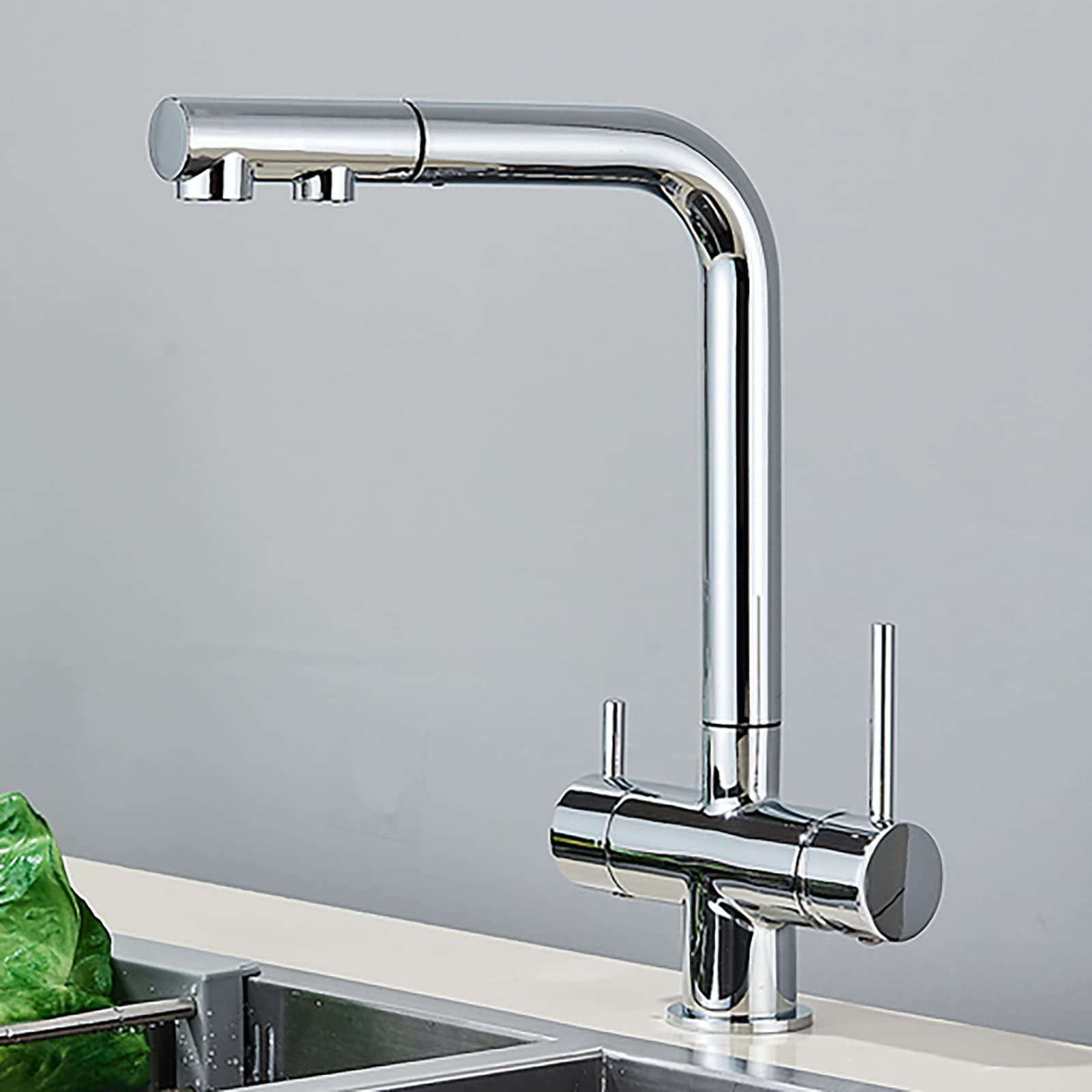2In1 Kitchen Faucet with Pull Down Sprayer Water Purifier Flexible Filter Sink Faucets Brass 2 Handle Single Hole Hot Cold Mixer Tap,Chrome(Cromo)