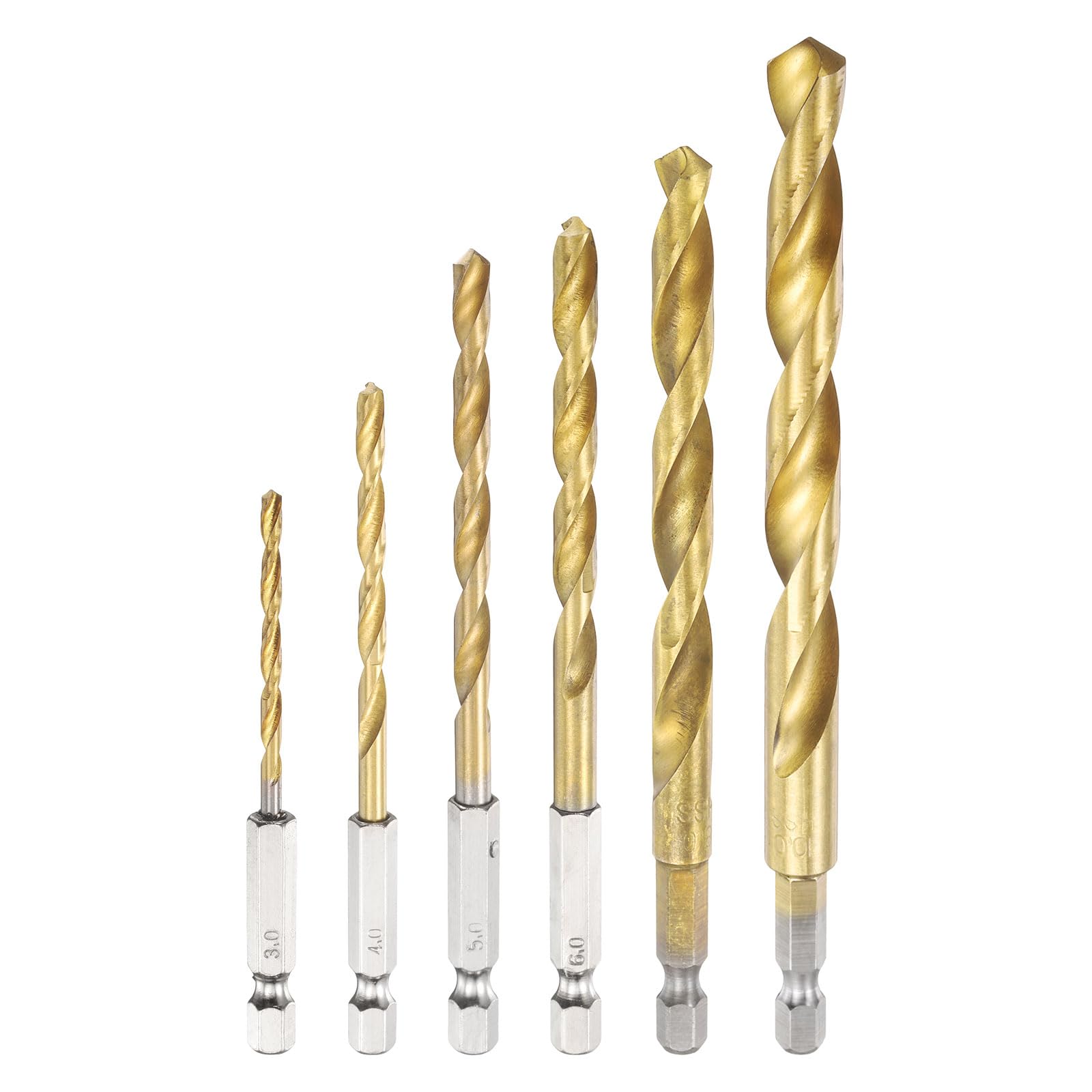 QUARKZMAN 6-teiliges 3/4/5/6/8/10mm Titanium Spiralbohrer mit 1/4" Sechskant-Schaft, Hochgeschwindigkeitsstahl Bohrer für Gehärteten Metall Edelstahl Gusseisen Holz Kunststoff