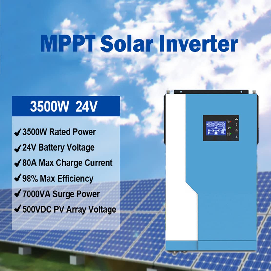 FAXIOAWA Contrôleur de Charge Solaire, onduleur Solaire Hybride 24V48V 100A Onduleur à Onde sinusoïdale Pure, système d'alimentation Solaire Hors réseau, contrôleur Solaire et Chargeur AC,3500W-24V