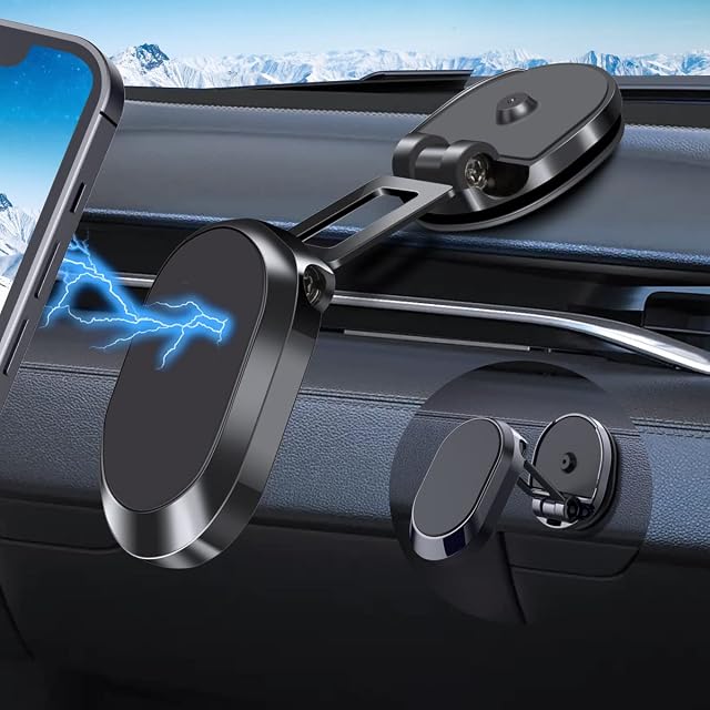 Magnetic Phone Car Mount with Foldable Base, 360° Rotation Dashboard Magnetic Car Phone Holder with 6 N52 Magnets and 2 Metal Plates, Universal Car Phone Mount Compatible with All Smartphones(Black)
