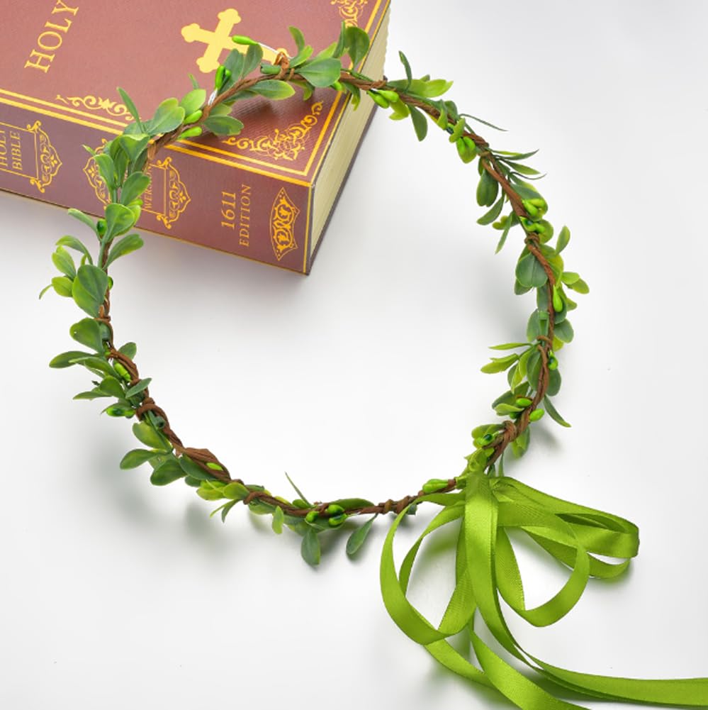 Green Boho Leaf Crown Bridal Flower Crown Floral Headband Bohemian Headpiece with Adjustable Ribbon for Wedding Vacation Party Festival Photo Prop - Image 2