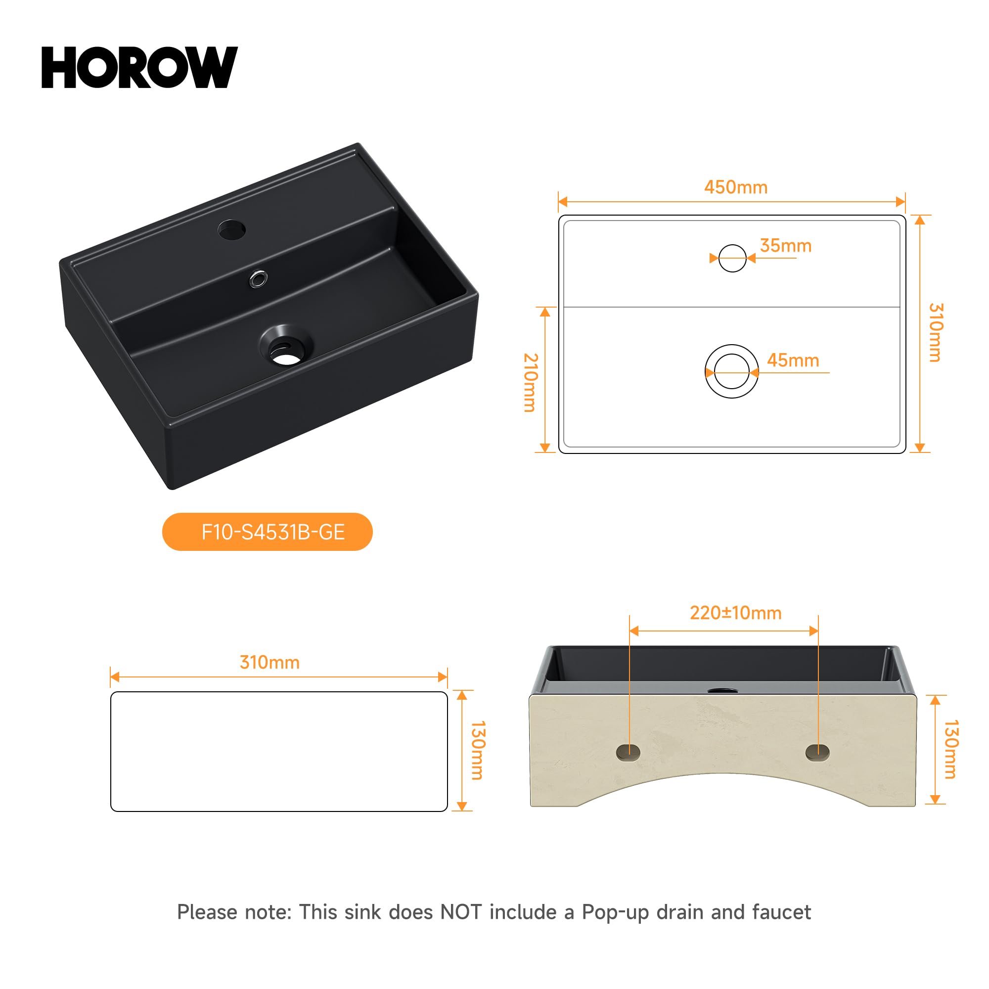 HOROW Lavandino da bagno in ceramica (nero, 45 x 31 cm) – Lavello rettangolare da appoggio/parete | bordo rialzato e superficie inclinata | bordo sottile e sporgenza | per piccoli bagni, guardaroba