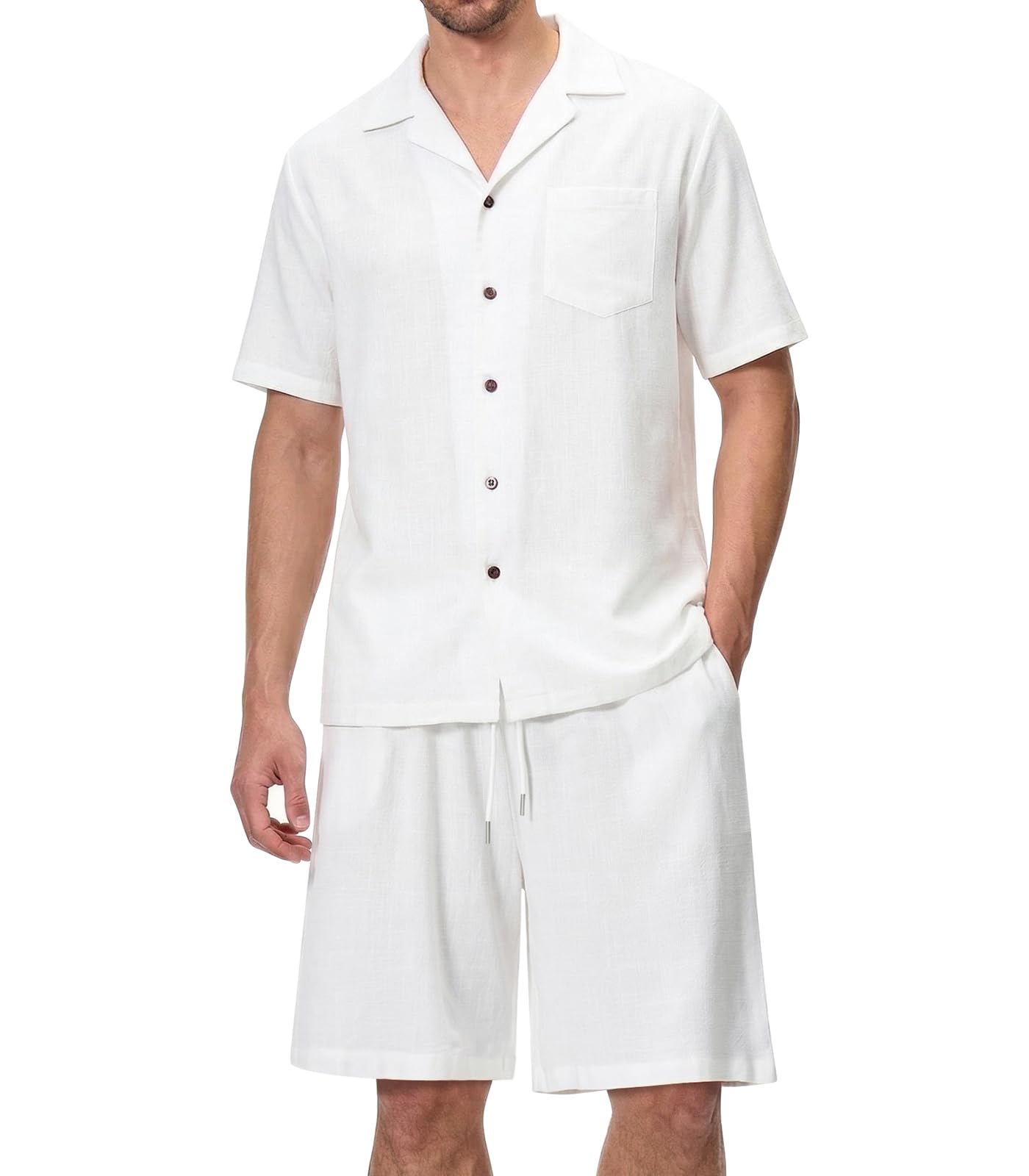 Suwangi Uomo Completi Manica Corta Bottone Camicia e Pantaloncini Estate Spiaggia 2 Pezzi in Lino con Tasche