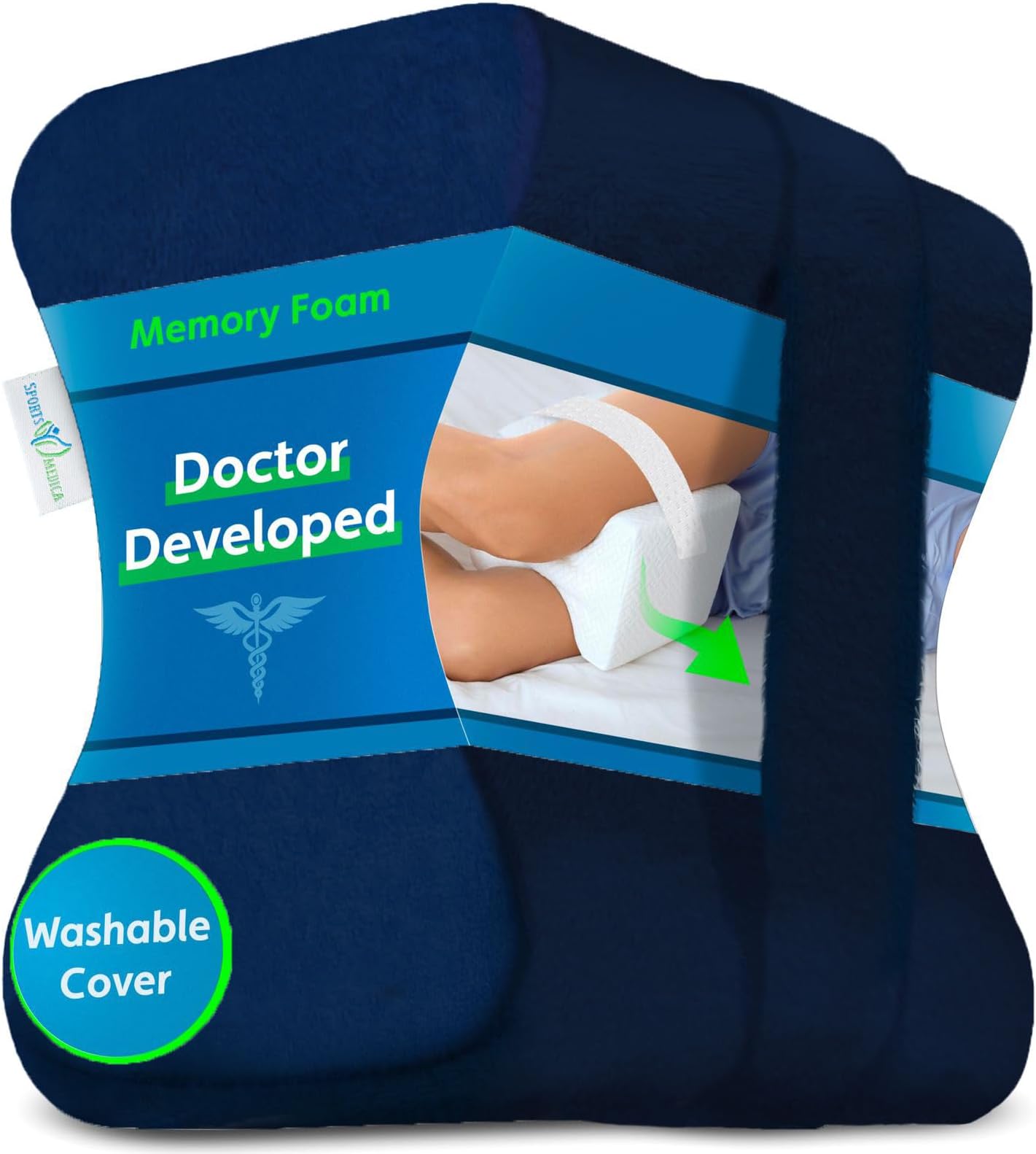 Sports Medica Ergonomic Knee Pillow - Memory Foam Leg Cushion for Sleeping on Side - eHandbook Included - for Lower Back, Knees, Hips, and Pregnancy Ache