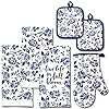 Oven Mitts and Potholders Blue and White Decorative Kitchen Towels Set Chinoiserie Chinese French Farmhouse Country Blue Willow Shabby Chic Style Gift Floral Nature Live Life in Full Bloom