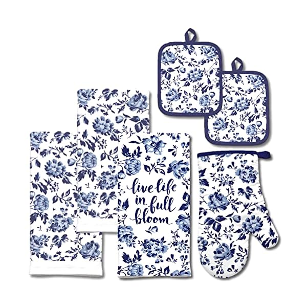 Oven Mitts and Potholders Blue and White Decorative Kitchen Towels Set Chinoiserie Chinese French Farmhouse Country Blue Willow Shabby Chic Style Gift Floral Nature Live Life in Full Bloom