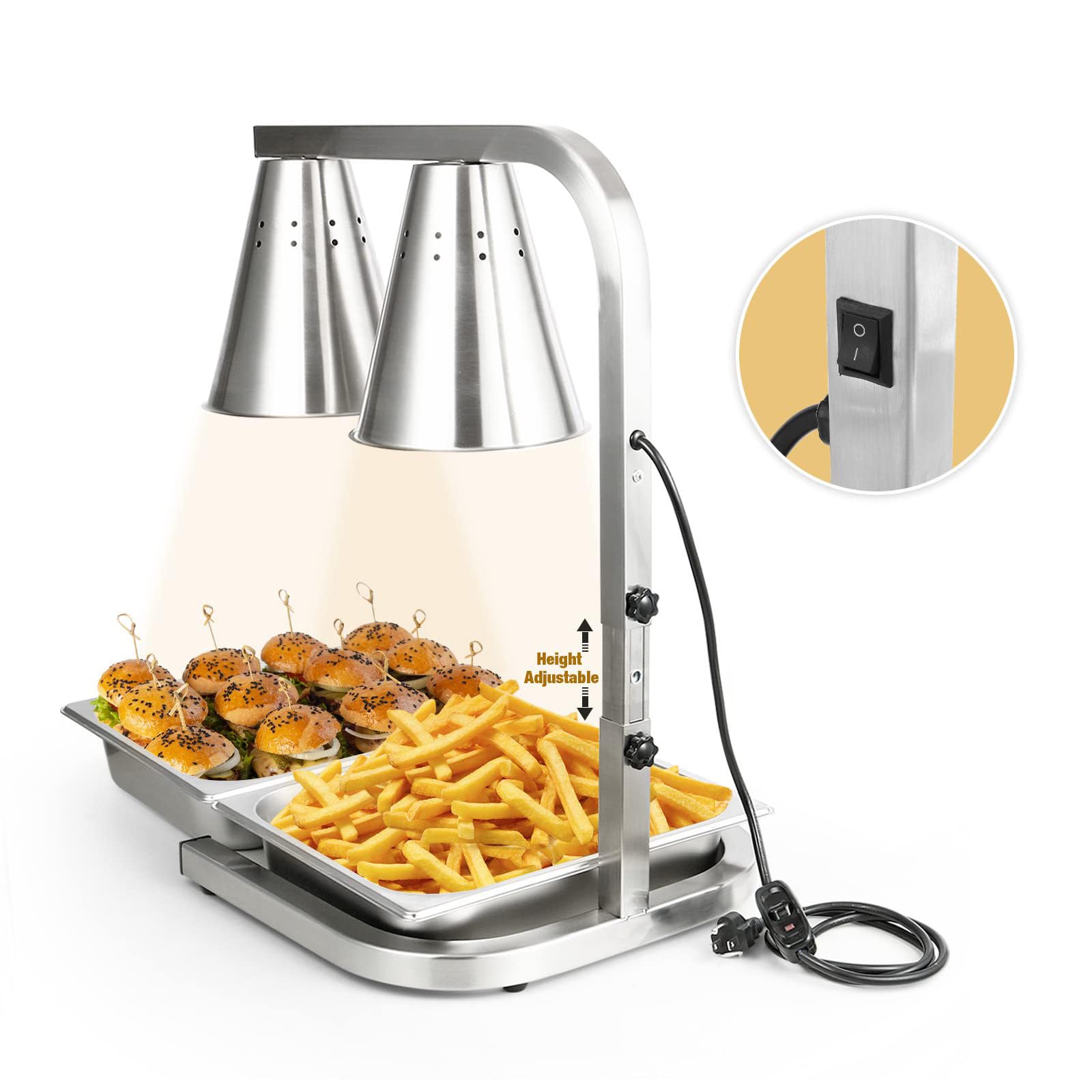 Wolnostojący komercyjny przenośny podgrzewacz do żywności, stal nierdzewna 220 V elektryczna lampa grzewcza do żywności z 2 żarówkami do gastronomii