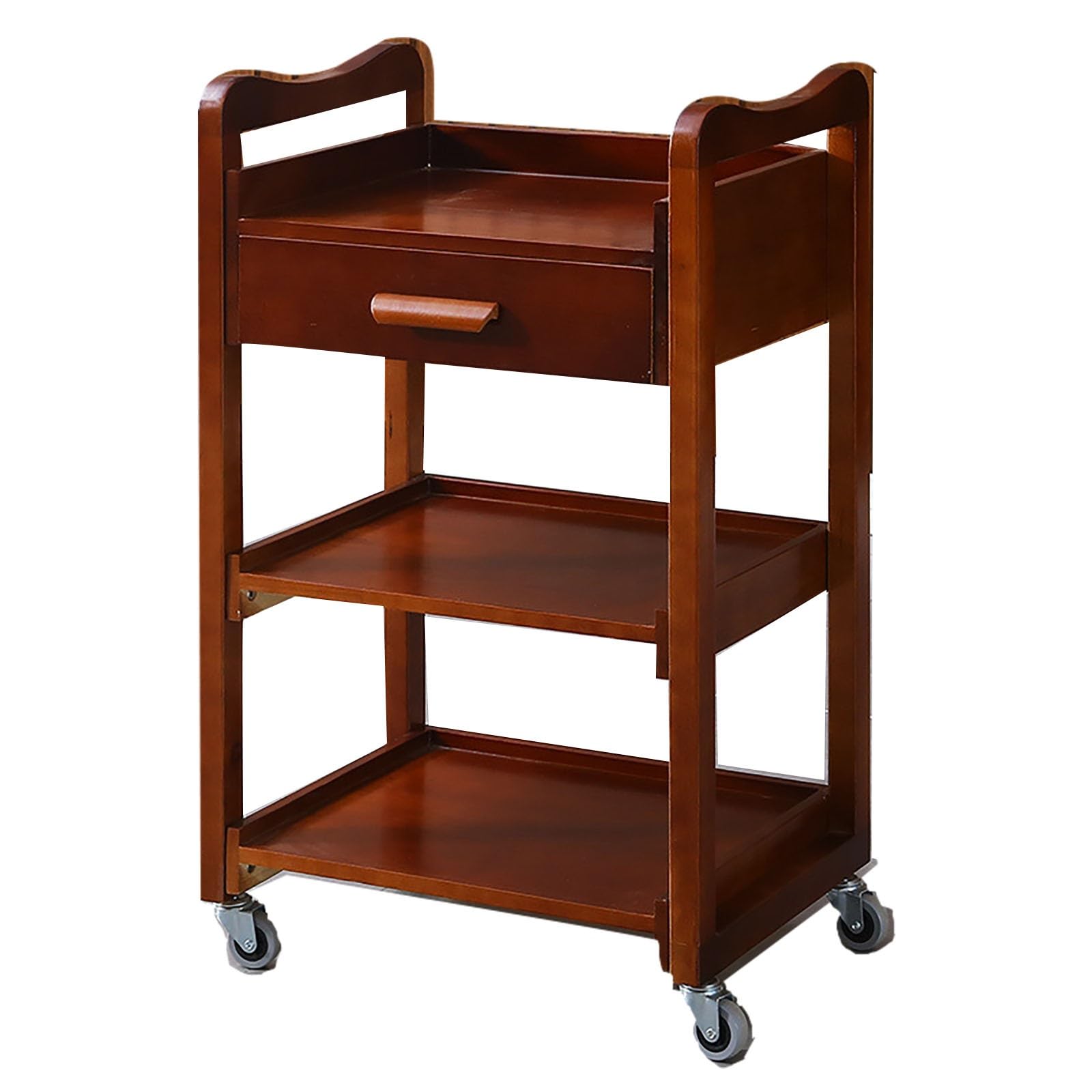 Carrello Portaoggetti in Legno Massello per Salone di Bellezza, con Cassetti, Organizer Multifunzionale per Strumenti da Parrucchiere, Spazio Extra E Design Elegante, Marrone, Rosso