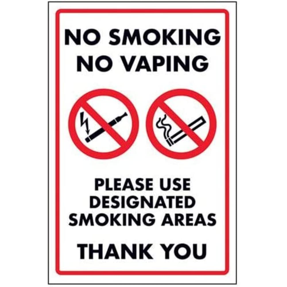 V Safety No Smoking No Vaping/Please Use Designated Smoking Area Sign - 300mm x 400mm - Rigid Plastic