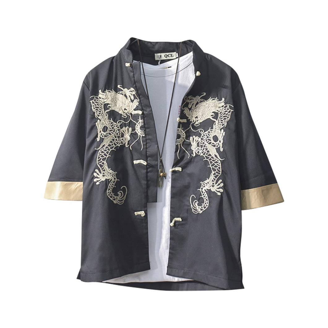 Amazon.co.jp: 夏用 チャイナ風シャツ 5分袖 メンズ 龍柄 たて袖  