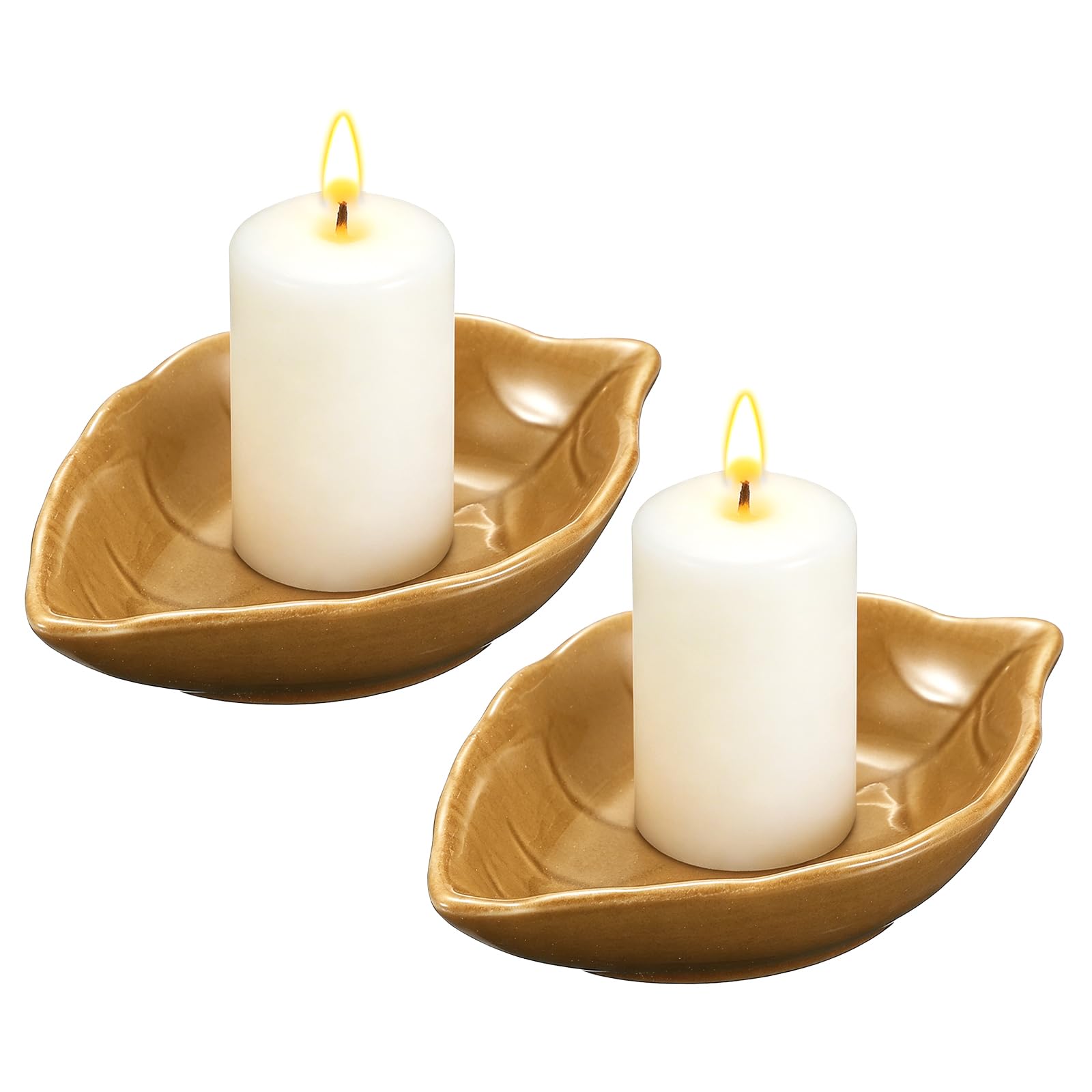 sourcing map 2Pcs Ceramic Candle Holder Plates, 4.3 x 3'' Leaf Shaped Candlestick Holder Decorative Dish Small Candle Plate for Tea Light Aromatherapy Wedding Rustic Vintage Home, Brown